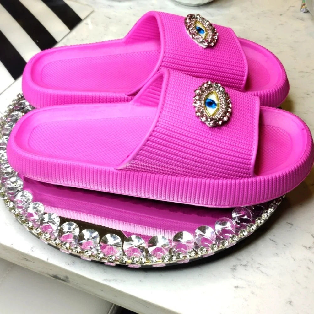 Pink Rhinestone Evil Eye Slides - Picture 3 of 6